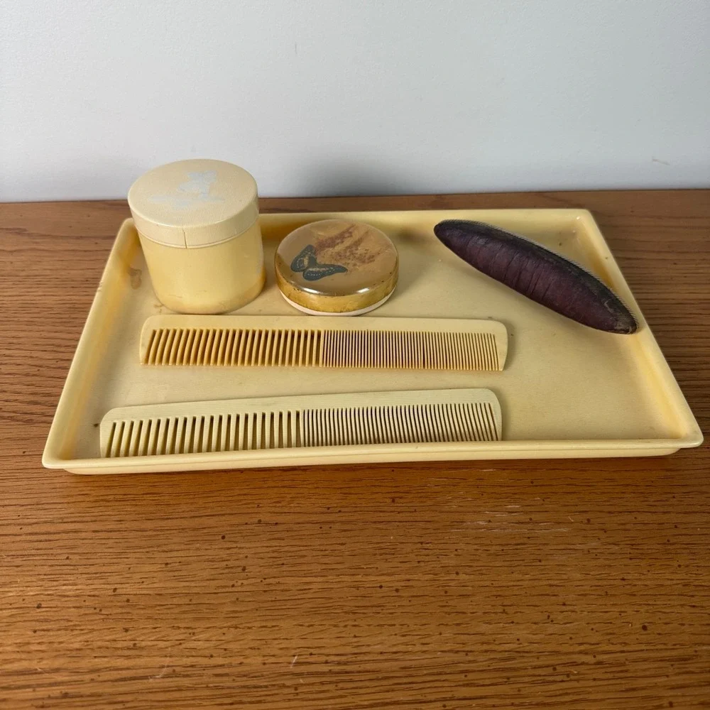 Vintage French Ivory Celluloid Vanity Set Tray Combs Buffer Jar‎ Butterfly 6pc